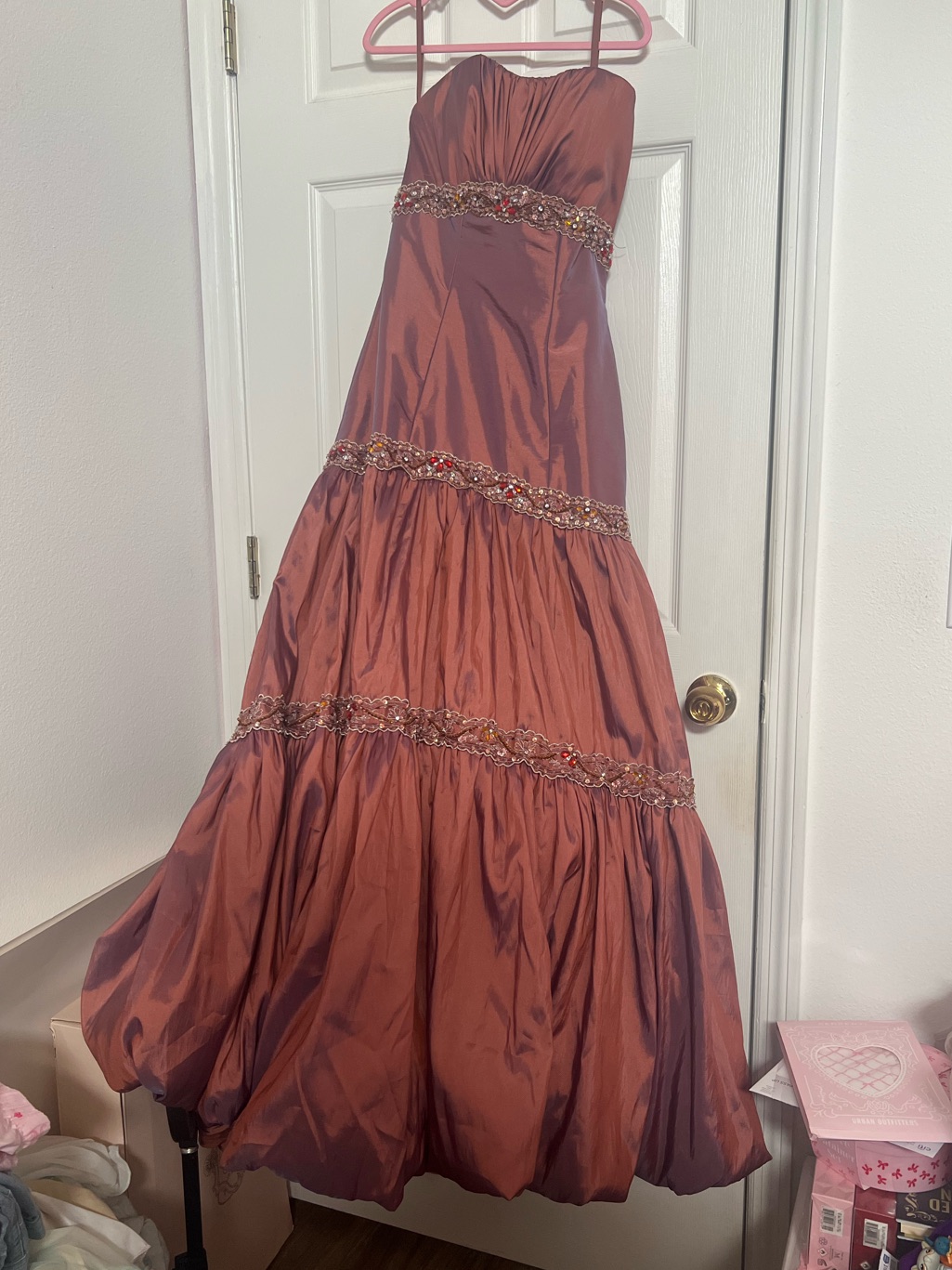Y2k Formal Strapless Rust Brown Prom Dress With Beaded Waist And Tiered Skirt